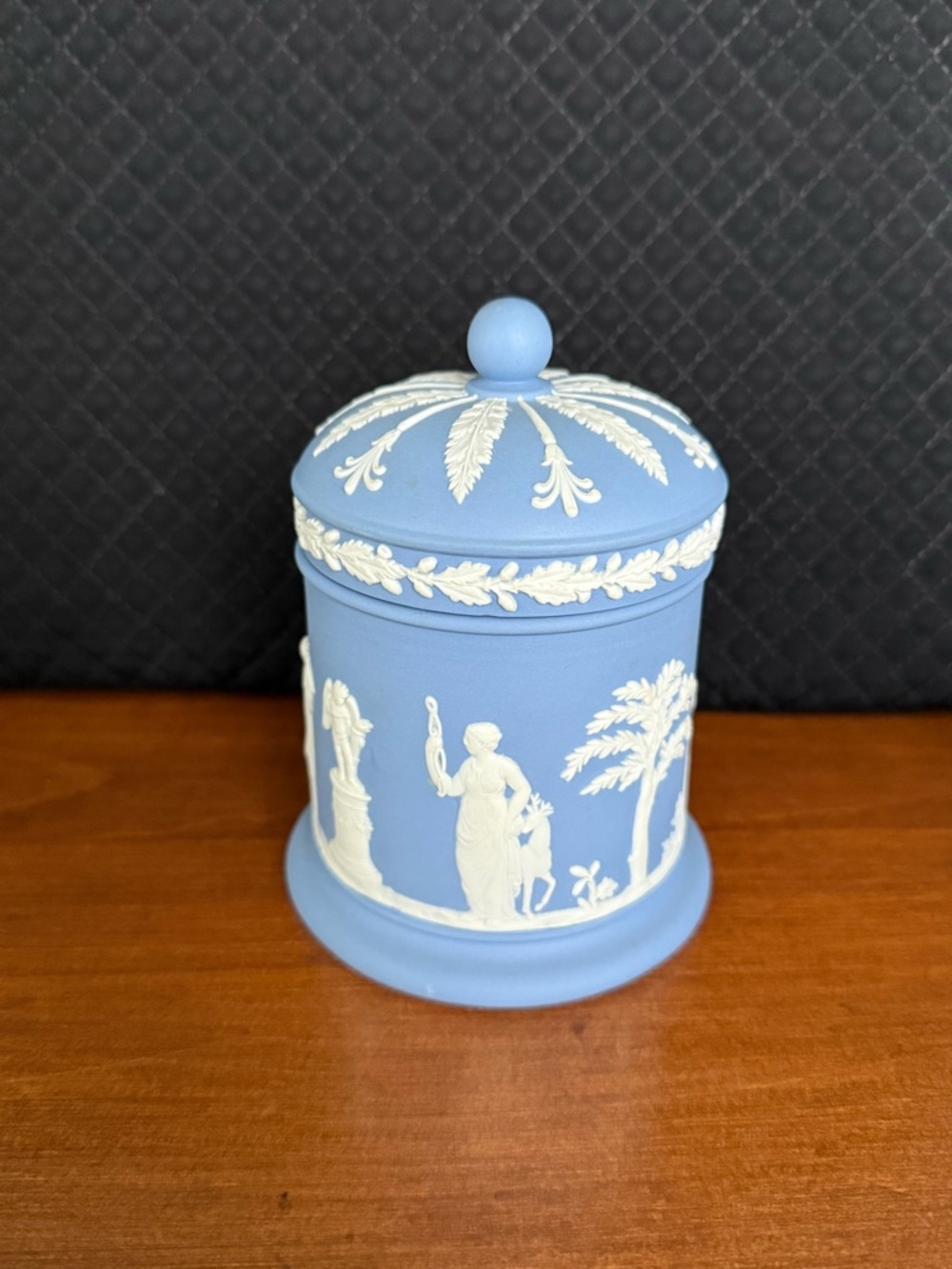 Wedgwood Cream on Lavender (Pale Blue) Jasperware Covered Cigarette Jar & Lid